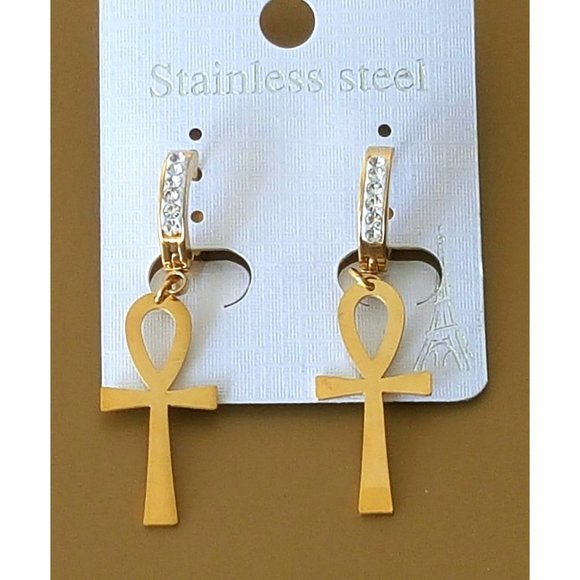 Men & Women Cross Earrings CZ Bling Huggie Hoop Dangle Gold Stainless steel - Picture 1 of 3